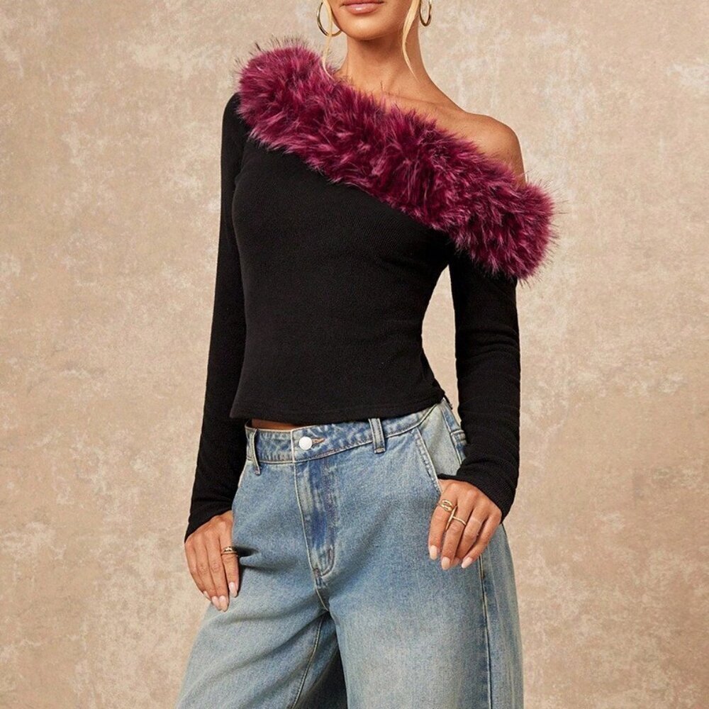 Red And Black Casual Women's Faux Fur Shoulder Cut-Out Contrast Long Sleeve Top